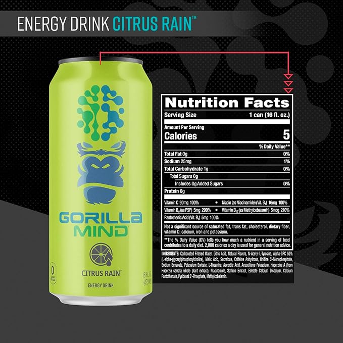 Gorilla Mind Energy Drink | Unmatched Energy · Amplified Focus | N-Acetyl-L-Tyrosine, Alpha-GPC, 200mg Caffeine, Uridine, Saffron | 0 Sugar Or Artificial Colors | 16oz, 12-Pack (Citrus Rain)