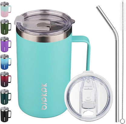 BJPKPK Insulated Coffee Mug with 2 Lids, 25oz Stainless Steel Insulated Tumbler with Handle, Double Wall Vacuum Coffee Cups, BPA Free Travel Mug for Coffee, Tea and Drinks, Turquoise