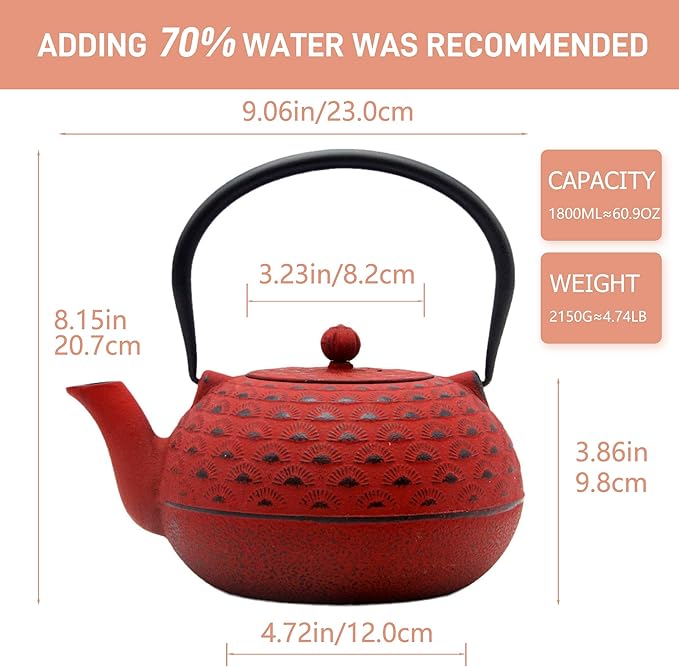 Big Cast Iron Teapot, Tea Kettle, Cast Iron Teapot with Stainless Steel Infuser for Stovetop Safe (1800ml-Teapot-002)