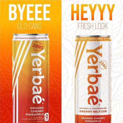 Yerbaé Energy Seltzer - Orange Cherry Pineapple No Sugar/Calories/Carbs. Energized by Yerba Mate, Naturally Caffeinated Plant-Based, Healthy Alternative to Coffee/Sugary Sodas, Pack of 12, 12oz cans