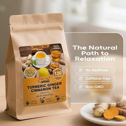 FullChea - Turmeric Ginger Cinnamon Tea Bags, 120 Teabags, 2g/bag - Premium Turmeric, Ginger, Cinnamon - Non-GMO - Caffeine-free - Aid Digestion & Boost Immunity