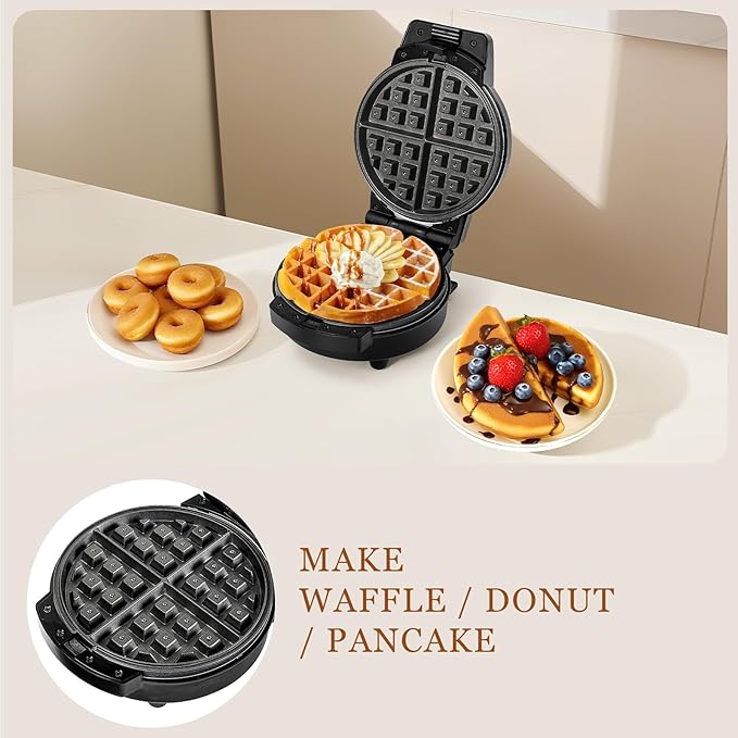 Mini Waffles Maker with 6 Removable Plates, 3 in 1 Small Waffle Maker Mini- Waffle, Pancake, Donut, 6" Non Stick Waffle Iron for Kids and Families, Black