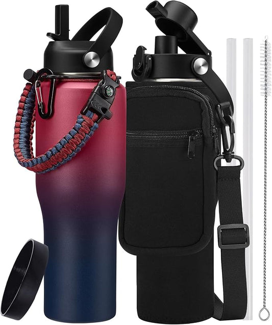 32/40 oz Insulated Water Bottle with straw Fit in any Car Cup Holder, Keep Cold 48H Hot 24H，Stainless Steel Water Bottle with Spout lid, Carrier Bag, Paracord Handle for Gym, Workout & Beach