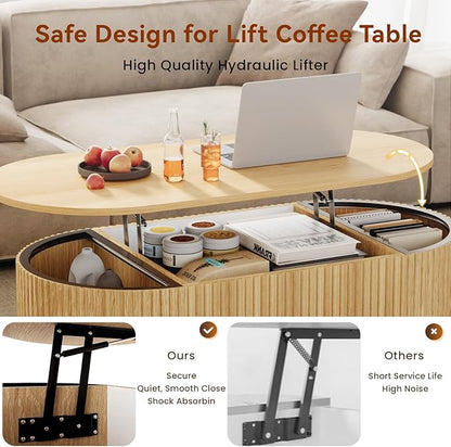 BREEZEHEAT Fluted Lift Top Coffee Table, 39" Oval Coffee Table with Storage, Hidden Compartment & Fully Assembled Centre Table Oval Lift Tabletop for Living Room, Small Space, Home Office, Natural