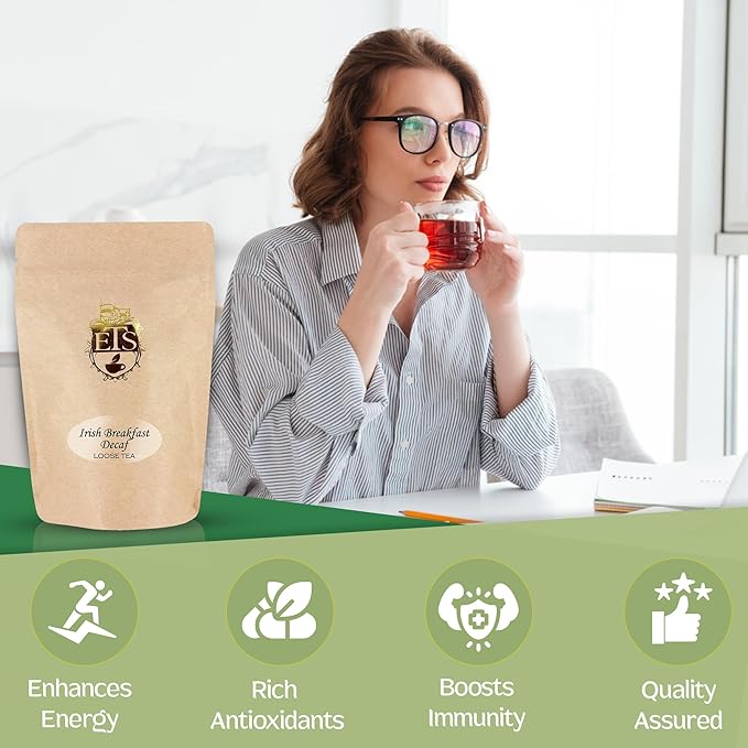 English Tea Store CO2 Decaffeinated Irish Breakfast Tea Pouches - 4oz | Loose Leaf Black Tea | Bold Full-Bodied Flavor | Blend of Assam and Kenyan Teas | Naturally Decaffeinated Using CO2 Process
