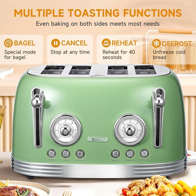 4 Slice Toaster, Retro Green Toaster, Bagel, With Stainless Steel Lid. Reheat, Defrost and Cancel Functions, Countdown Function, 6 Browning Levels, Stainless Steel Material, TR03