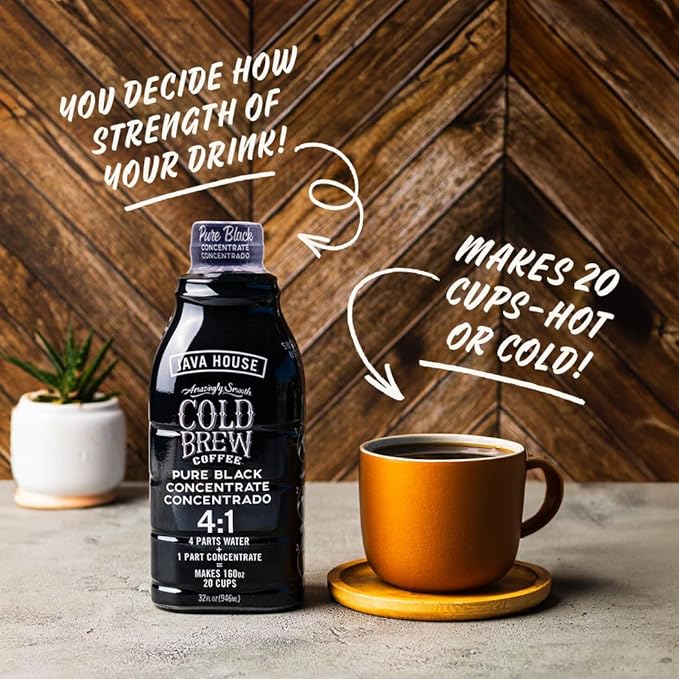 JAVA HOUSE Cold Brew Coffee, Colombian 4:1 Liquid Concentrate, 32 Ounce Bottle