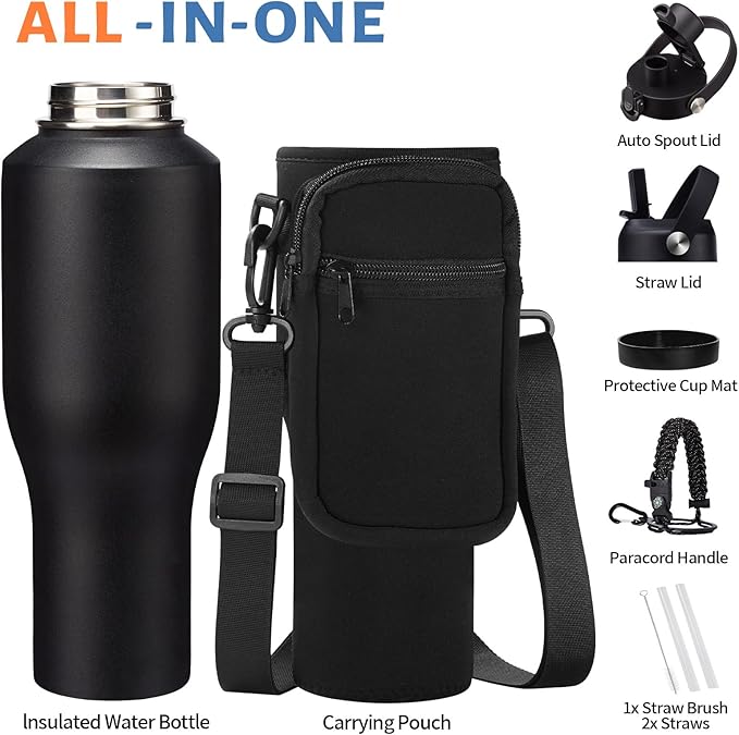 40 oz Water Bottle with Straw That Fits in Car Cup Holder, Cold 48H Hot 24H, Leakproof Stainless Steel Flasks Thermo Jug, Paracord Handle, Carry Pouch with Shoulder Strap