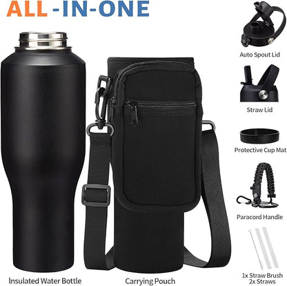 40 oz Water Bottle with Straw That Fits in Car Cup Holder, Cold 48H Hot 24H, Leakproof Stainless Steel Flasks Thermo Jug, Paracord Handle, Carry Pouch with Shoulder Strap