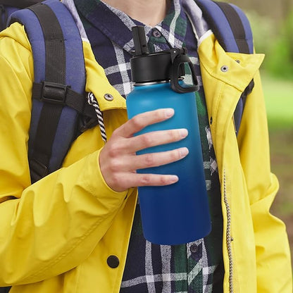 Volhoply 32 oz Water Bottles Bulk 2 Pack with Straw Lid & Spout Lid,Insulated Sports Water Bottle,Double Wall Vacuum Stainless Steel Cups,Leak proof Wide Mouth Metal Flask for Travel(Green Blue,2)