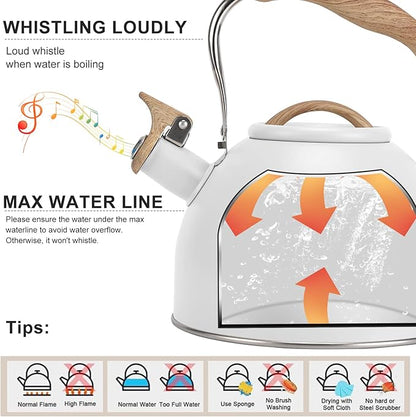 Tea Kettle, Vegoran 100 OZ / 3 Liter Whistling Tea Kettle, Tea Pots for Stove Top Food Grade Stainless Steel with Wood Pattern Folding Handle, Loud Whistle Kettle for Tea, Coffee, Milk (White)