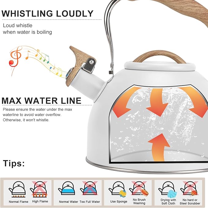 Tea Kettle, Vegoran 100 OZ / 3 Liter Whistling Tea Kettle, Tea Pots for Stove Top Food Grade Stainless Steel with Wood Pattern Folding Handle, Loud Whistle Kettle for Tea, Coffee, Milk (White)