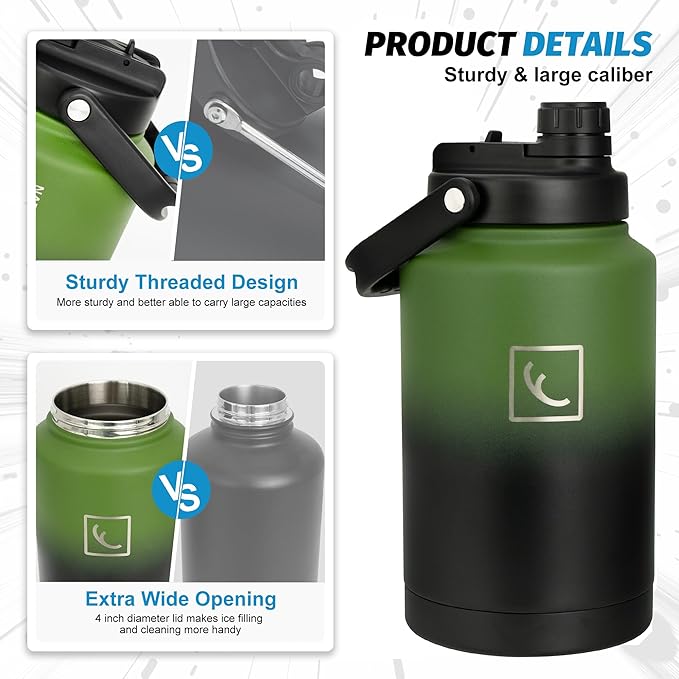 NATURE PIONEOR One Gallon Water Bottle Insulated - Large Double Vacuum Stainless Steel 128 oz Water Bottle with Holder/Carrier, 1 Gallon Water Jug 2 in 1 LID, Flip Straw and Spout, Wide Mouth