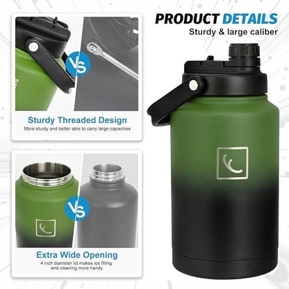 NATURE PIONEOR One Gallon Water Bottle Insulated - Large Double Vacuum Stainless Steel 128 oz Water Bottle with Holder/Carrier, 1 Gallon Water Jug 2 in 1 LID, Flip Straw and Spout, Wide Mouth