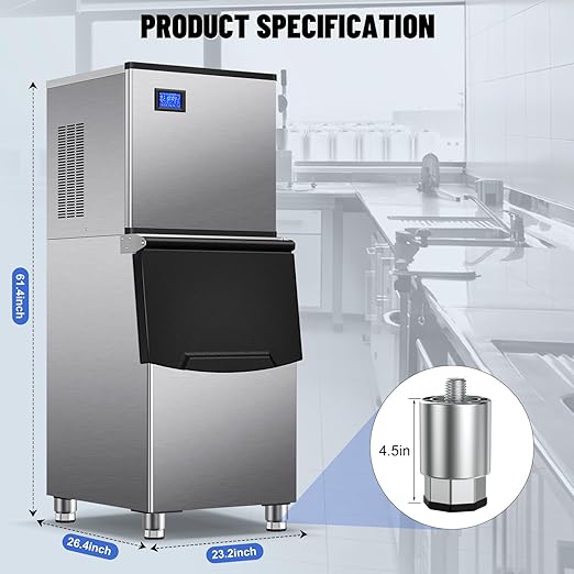 Commercial Ice Maker Machine 500Lbs/24H with 350Lbs Large Ice Storage Bin, Freestanding Ice Maker 156Pcs Clear Ice Cubes in 10Mins, Auto-Clean Stainless Steel Industrial Ice Machine for Restaurant