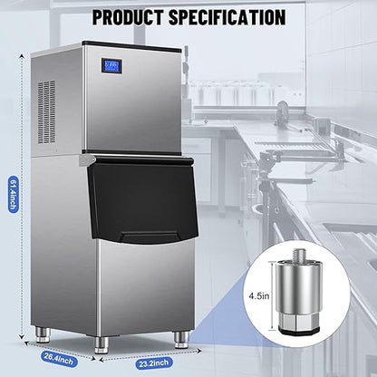 Commercial Ice Maker Machine 500Lbs/24H with 350Lbs Large Ice Storage Bin, Freestanding Ice Maker 156Pcs Clear Ice Cubes in 10Mins, Auto-Clean Stainless Steel Industrial Ice Machine for Restaurant