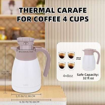 GiNT 1L / 34Oz Thermal Coffee Carafe, Insulated Stainless Steel Coffee Carafes for Keeping Hot/Double Walled Vacuum Thermal Carafe (White)