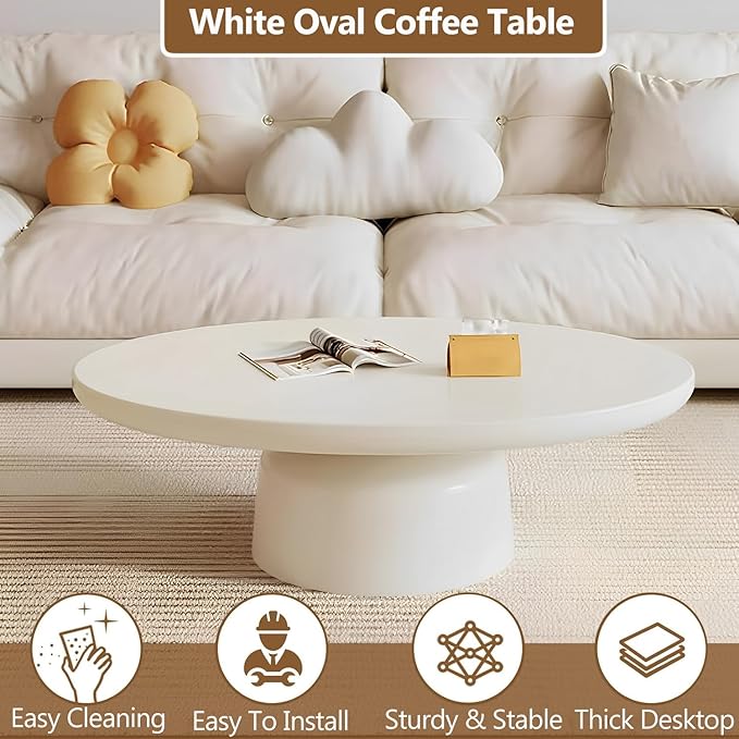 Oval Coffee Table Modern Cute White Coffee Tables Irregular Simple Tea/Center Table for Small Space End Table for Living Room, Home Office, Indoor (White Oval-L45.6")