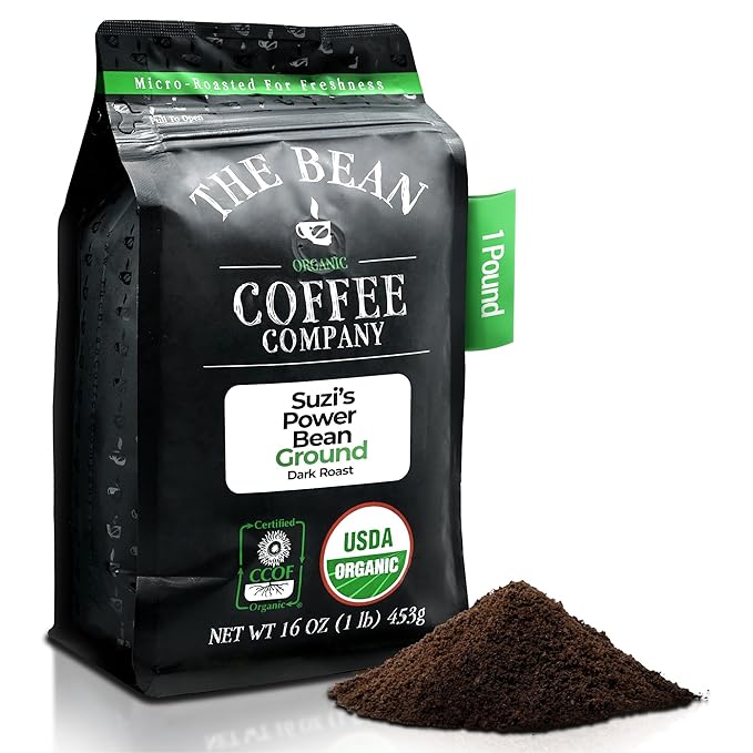 The Bean Organic Coffee Company Suzi's Power Bean, Dark Roast, Ground Coffee, 16-Ounce Bag, Café molido tostado orgánico