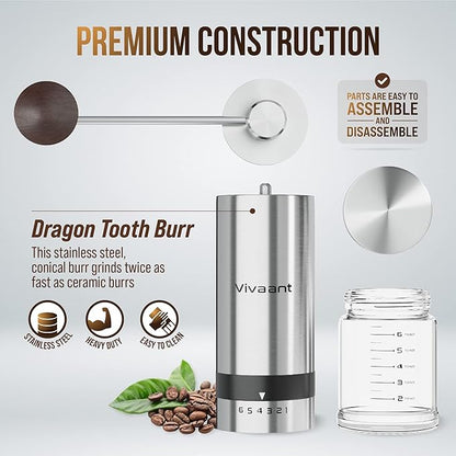 Manual Coffee Grinder (32g Capacity), Hand Coffee Grinder with Adjustable Dragon Tooth Stainless Steel Conical Burr, Bean Coffee Grinder Manual for Drip Coffee, Espresso, & French Press