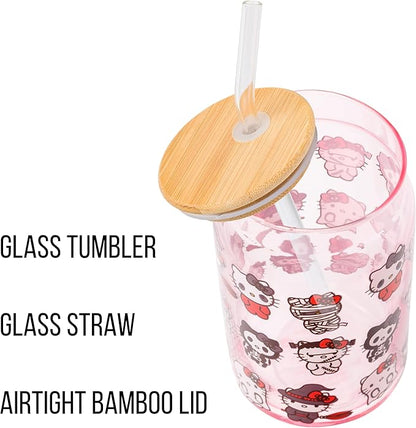 Silver Buffalo Sanrio Hello Kitty and Friends Halloween Spooky Costumes Ghost Witch Vampire Zombie Frankenstein Skeleton Pink Glass Jar Tumbler with Bamboo Lid and Glass Straw, 16 Ounces