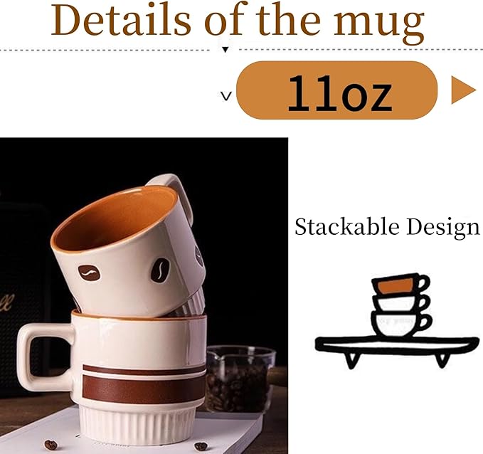 Stackable Coffee Mugs Set, Ceramic Espresso Cups for Au Lait, Cappuccino,Latte,Cafe,Mocha,Tea, Geometric Pattern Cups Suit For Housewarming Wedding- 11 oz, Set of 4, Beige&Brown