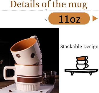 Stackable Coffee Mugs Set, Ceramic Espresso Cups for Au Lait, Cappuccino,Latte,Cafe,Mocha,Tea, Geometric Pattern Cups Suit For Housewarming Wedding- 11 oz, Set of 4, Beige&Brown