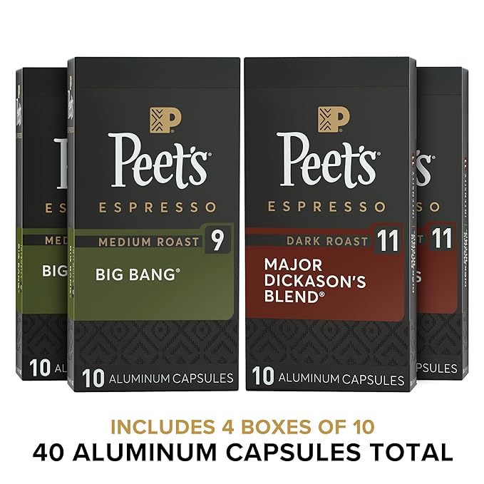 Peet's Coffee, Dark and Medium Roast Signature Blend Espresso Capsules, Compatible with Nespresso Original Machines - Variety Pack 40 Count (4 Boxes of 10 Espresso Capsules)