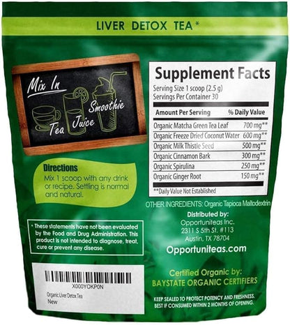 Opportuniteas Organic Liver Detox Tea - Matcha Green Tea, Milk Thistle, Coconut Water, Spirulina, Ginger, & Cinnamon Vegan & Non-GMO - 60 Servings