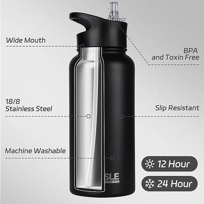 HASLE OUTFITTERS 32 oz Insulated Water Bottle Stainless Steel Double Walled Vacuum Sports Water Bottle with 2 Lids (Straw and Spout Lid) for Gym Camping Hiking(Black,4)