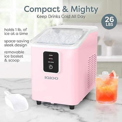 Igloo Self-Cleaning Countertop Ice Maker - Compact and Portable - Creates 26 lbs. Per Day, 8 Pieces Ready Every 7-8 Minutes - Includes Ice Scoop and Basket - Pink