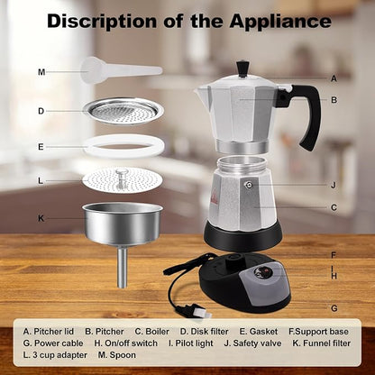 Electric Aluminum Moka Pot 5-6 Cup 270ml Espresso Maker with Detachable Base Ideal Coffee Makers for Home MochaPot Italian and Cuban Café Coffeemaker Espressomaker CoffeePot Silver