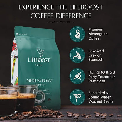 Lifeboost Coffee 3 Pack Medium Roast Ground Coffee - Low Acid Single Origin USDA Organic Coffee - Non-GMO Ground Coffee Third Party Tested For Mycotoxins & Pesticides - 12 Ounces