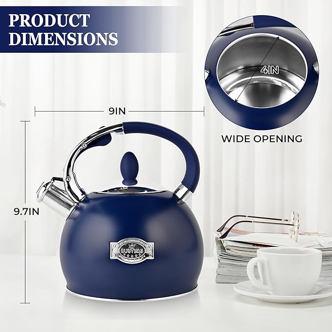 SUSTEAS Stove Top Whistling Tea Kettle - Food Grade Stainless Steel Teakettle Teapot with Cool Touch Ergonomic Handle, With 1 Silicone Pinch Mitt Included, 2.64 Quart,NAVY BLUE