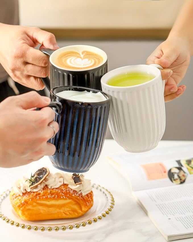 Hasense Coffee Mugs Set, 16 oz Ceramic Coffee Cups, Ribbed Tea Cup Set of 4, Dishwasher & Microwave Safe, Wedding, Housewarming Gift, Navy Blue