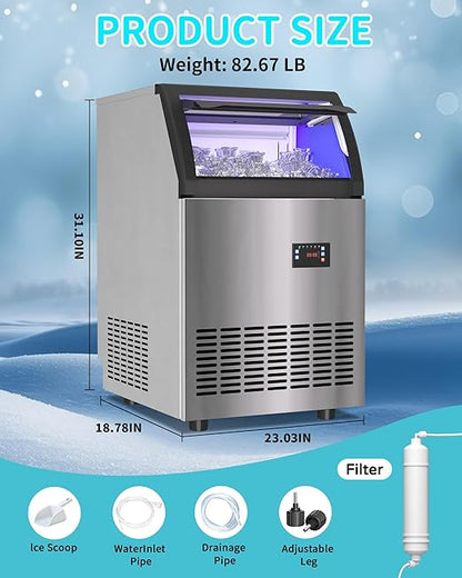 Commercial Spray Drench Ice Maker Machine 130 Lbs/Day, Undercounter Ice Makers 100Lbs Storage Bin and 45 Ice Trays, Under Counter ice Maker for Home, Bar, Party