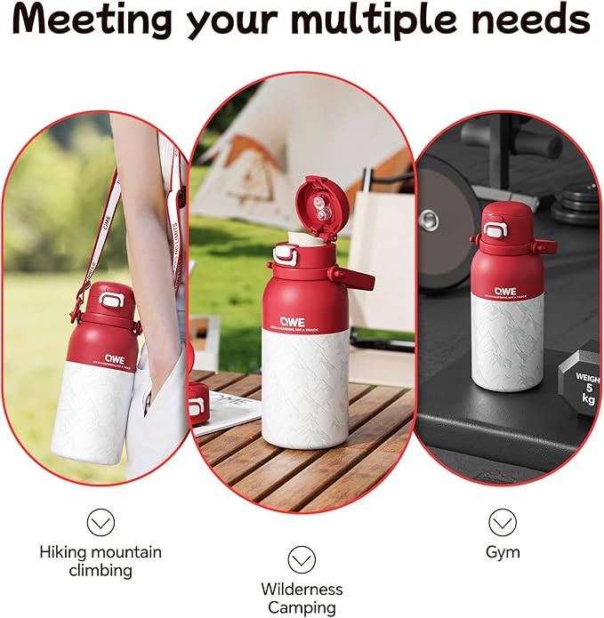 QWE Large Insulated Water Bottle with Straw&Lids,1200ml/40oz Vacuum Sealed Sport Bottles,Double Drinking,Stainless Steel Tumbler with Handle,LeakProof,BPA-Free,for Hiking,Gym,camp (Morden Red)