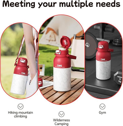 QWE Large Insulated Water Bottle with Straw&Lids,1200ml/40oz Vacuum Sealed Sport Bottles,Double Drinking,Stainless Steel Tumbler with Handle,LeakProof,BPA-Free,for Hiking,Gym,camp (Morden Red)