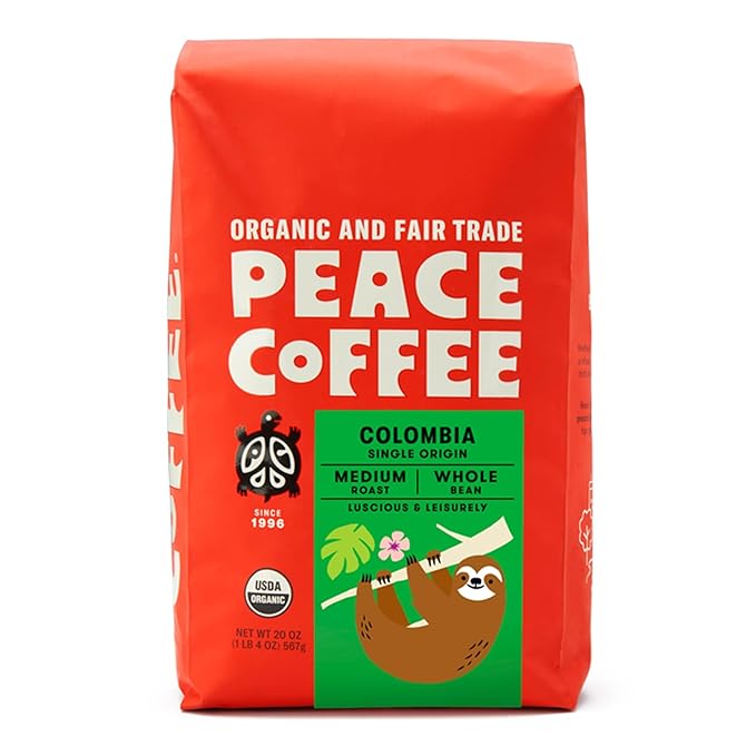 Peace Coffee Colombia Single Origin Coffee | 20 oz Whole Bean Medium Roast | Organic Fair Trade | Smooth, Crisp Flavor | Shade Grown, Fresh Roasted
