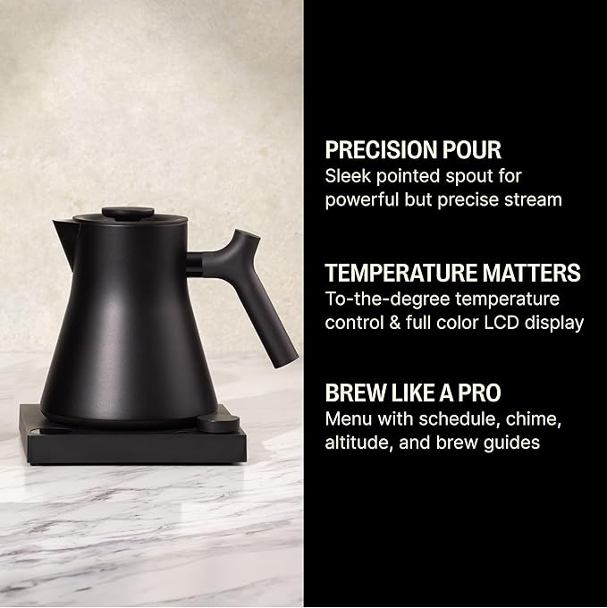 Fellow Corvo EKG Pro Electric Tea Kettle - Quick Heating, Precise Temperature Control Electric Kettle, Scheduling, Built-in Brew Timer for Boiling Water - Matte Black - 0.9 Liter