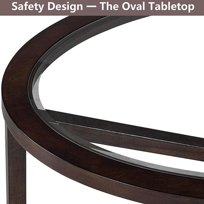 Glass Coffee Table Modern Simple Oval Transparent Tempered Glass Top and Wood Base, Office Terrace Study Accent Coffee Table Center Table, Cherry