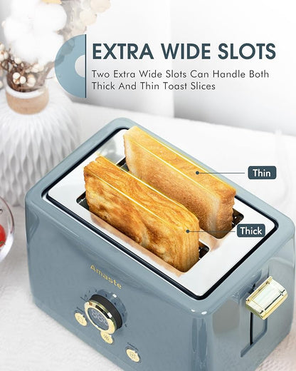 2 Slice Toaster, Retro Bread Toaster with LED Digital Countdown Timer, Extra Wide Slots Toasters with 6 Bread Shade Settings, Bagel, Defrost Function, High Lift Lever, Removal Crumb Tray, Ash Blue