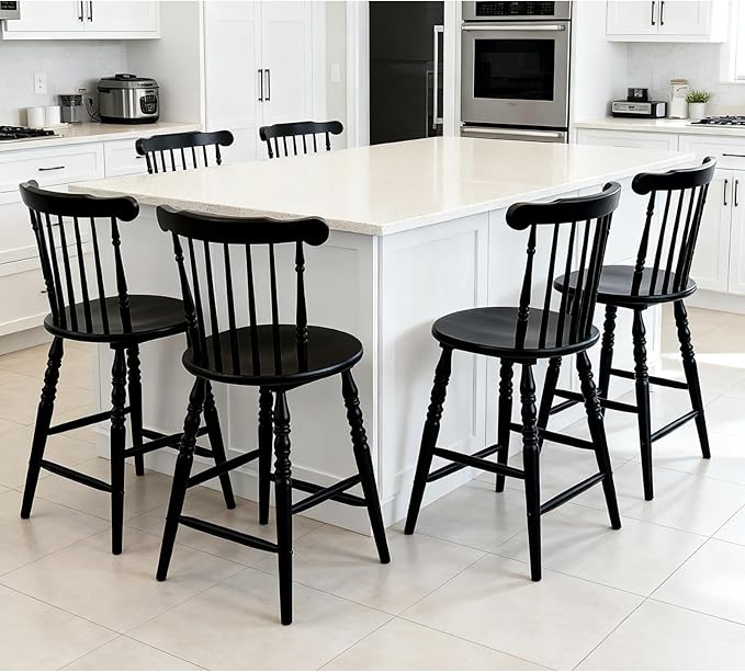 chairus 24" Black Windsor Counter Height Bar Stools Set of 2, Farmhouse Wooden Counter Stools with Spindle Back & Turned Legs, Rustic Vintage Colonial Bar Chairs for Kitchen Island