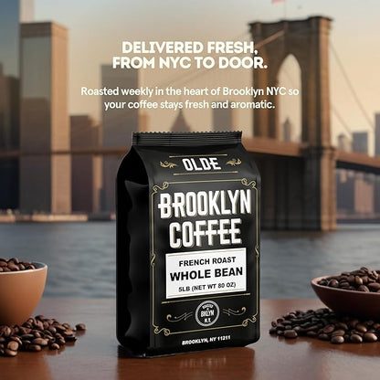BROOKLYN COFFEE Whole Bean, French Dark Roast (5lb) Silky Smooth, Bold, Balanced - Fresh Bulk Coffee Beans Roasted Weekly in NYC