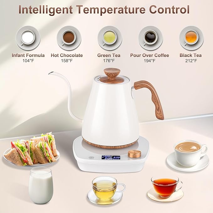 Gooseneck Electric Kettle, Intelligent Temperature Control, Stainless Steel Inner, Quick Heating, for Pour Over Coffee, Brew Tea, Boil Hot Water, 1000W 0.9L Cream White