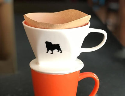 Simply Charmed Pug Coffee Pour Over Single Cup Ceramic Brewer Coffee Maker with Melitta Filters