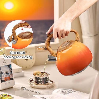 GGC Tea Kettle for Stove Top, 3.1QT/3L Whistling Tea Kettles for Boiling Water, Coffee or Milk, Red Sunset Tea Pot with Wood Pattern Handle, Stainless Steel Tea Pot for Home and Kitchen
