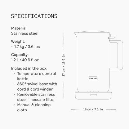 aarke Stainless Steel Kettle - Perfect for Coffee and Tea Maker Enthusiasts, Non-Drip Spout, Double-Wall Construction, Dry Boil Protection, Heat-Safe Handle, LED Cool-Down Indicator, 1.2L (Black)