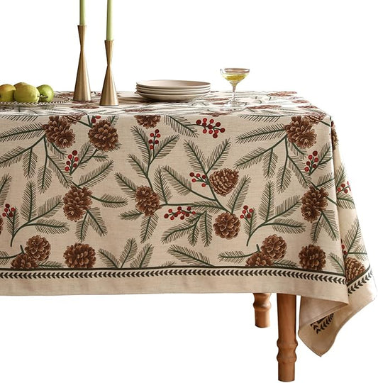 Designer Christmas Beige Linen Square Tablecloth,Pinecones Pattern Indoor Tablecloths,Wrinkle Resistant Decor Table Cloth for Dining Thanksgiving Kitchen Christmas,67"*67"-Carol B
