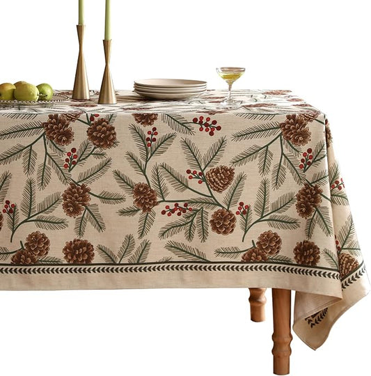 Designer Christmas Beige Linen Long Rectangle Tablecloth,Pinecones Pattern Indoor Table Cloths,Washable Decor Tablecloths for Dining Thanksgiving Kitchen Christmas,63"*102"-Carol B